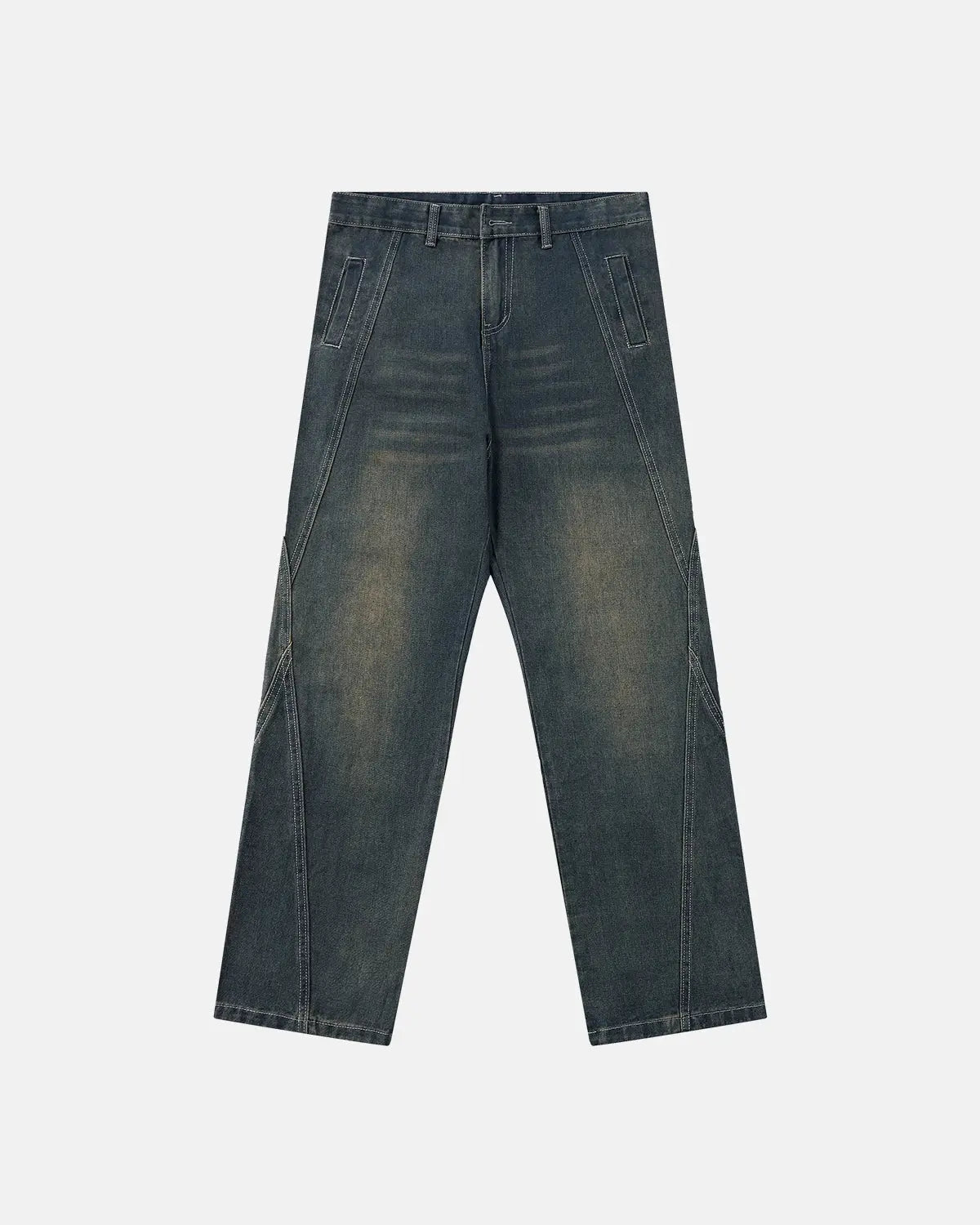 Deconstructed straight-leg jeans by INFLATION featuring distressed details and relaxed fit, shown on a hanger.