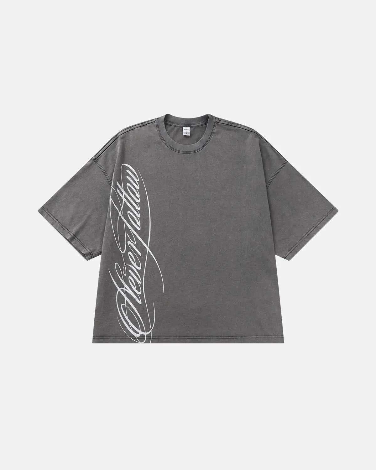 Inflation Streetwear boxy script graphic washed T-shirt in white with bold black lettering, casual streetwear style.