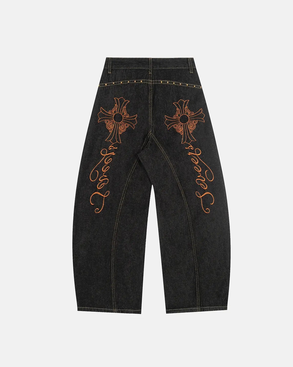 Gothic cross embroidery on blue Inflation Streetwear barrel jeans, stylish streetwear denim with detailed cross design.