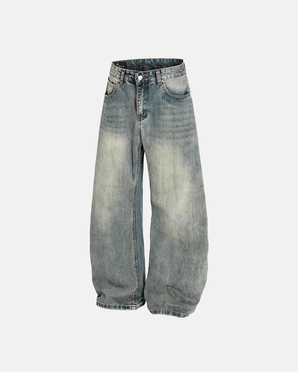 Washed bamboo weave baggy bootcut jeans by Flation, showcasing relaxed fit and textured fabric in a streetwear style.
