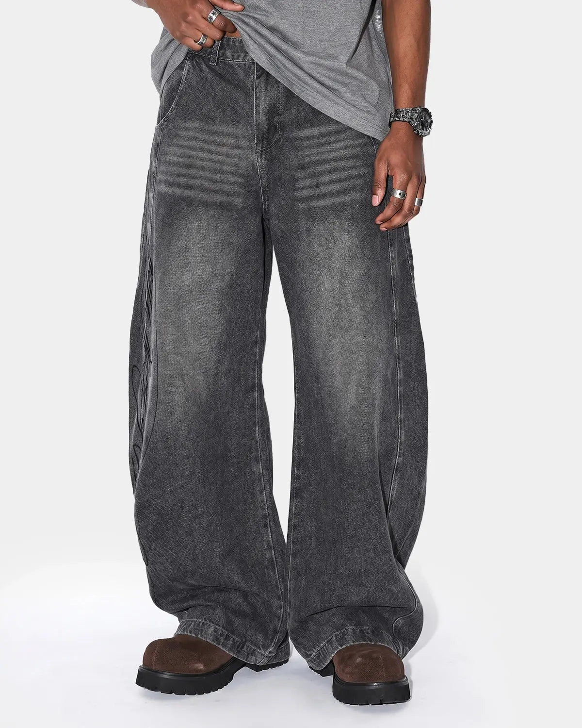 Inflation Script Graphic Washed Barrel Jeans, casual pants with distressed wash and bold script detail, stylish streetwear denim.