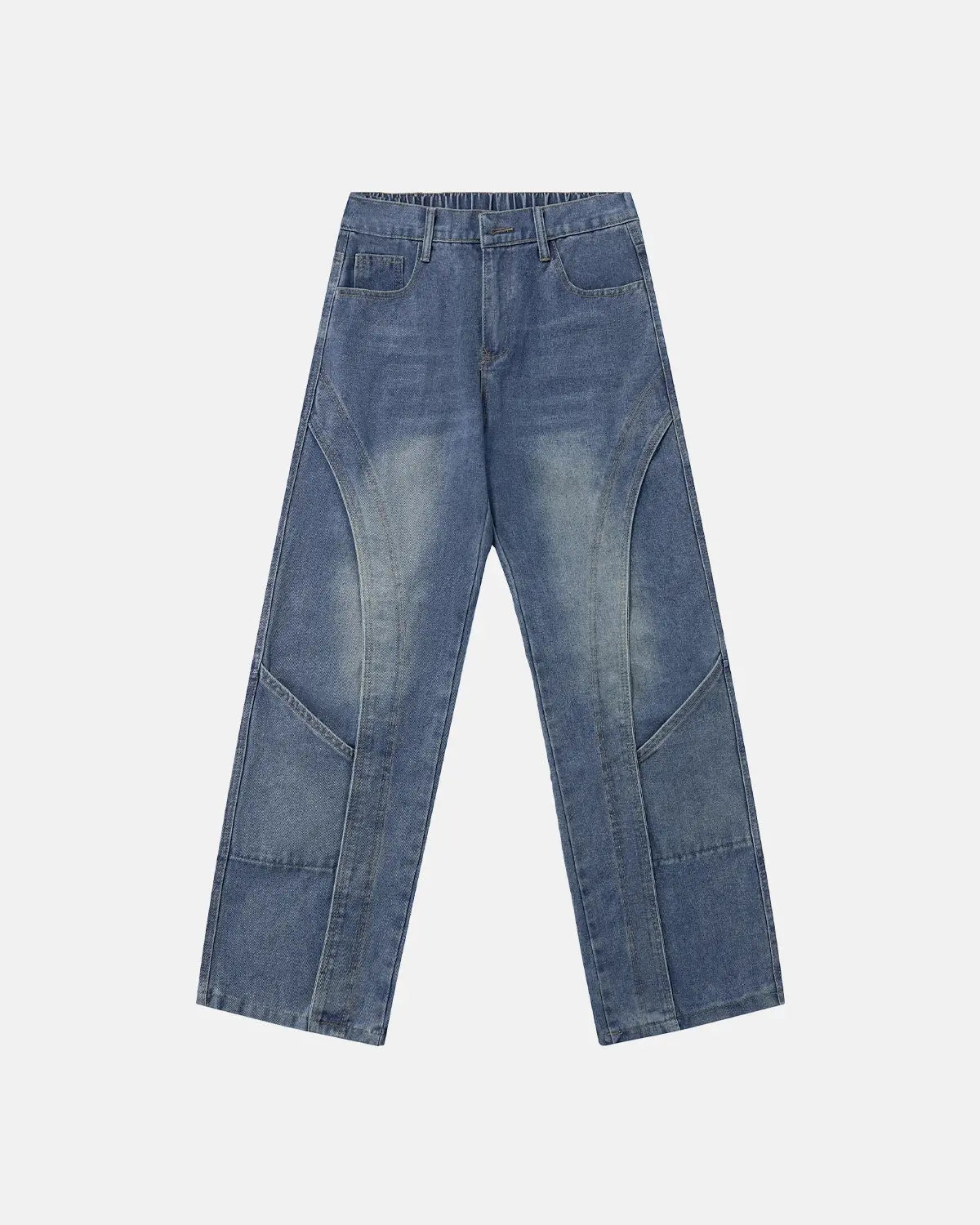 Deconstructed baggy straight-leg jeans by INFLATION, featuring relaxed fit and distressed denim, displayed on a neutral background.