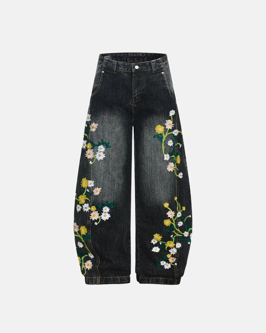 Inflation Embroidery Bamboo Weave Baggy Jeans, stylish pants with embroidery details and bamboo-inspired fabric, casual streetwear look