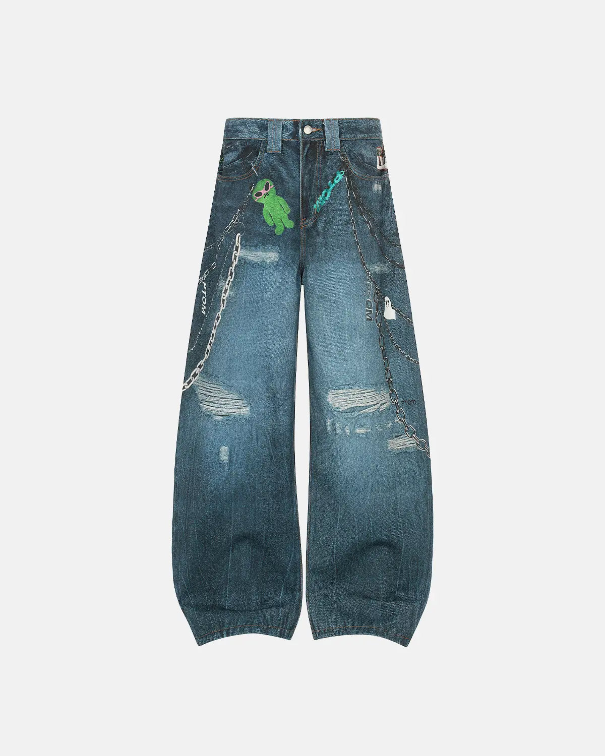 3D printed Chain Barrel Jeans by INFLATION featuring detailed denim texture and chain embellishments on streetwear-inspired jeans