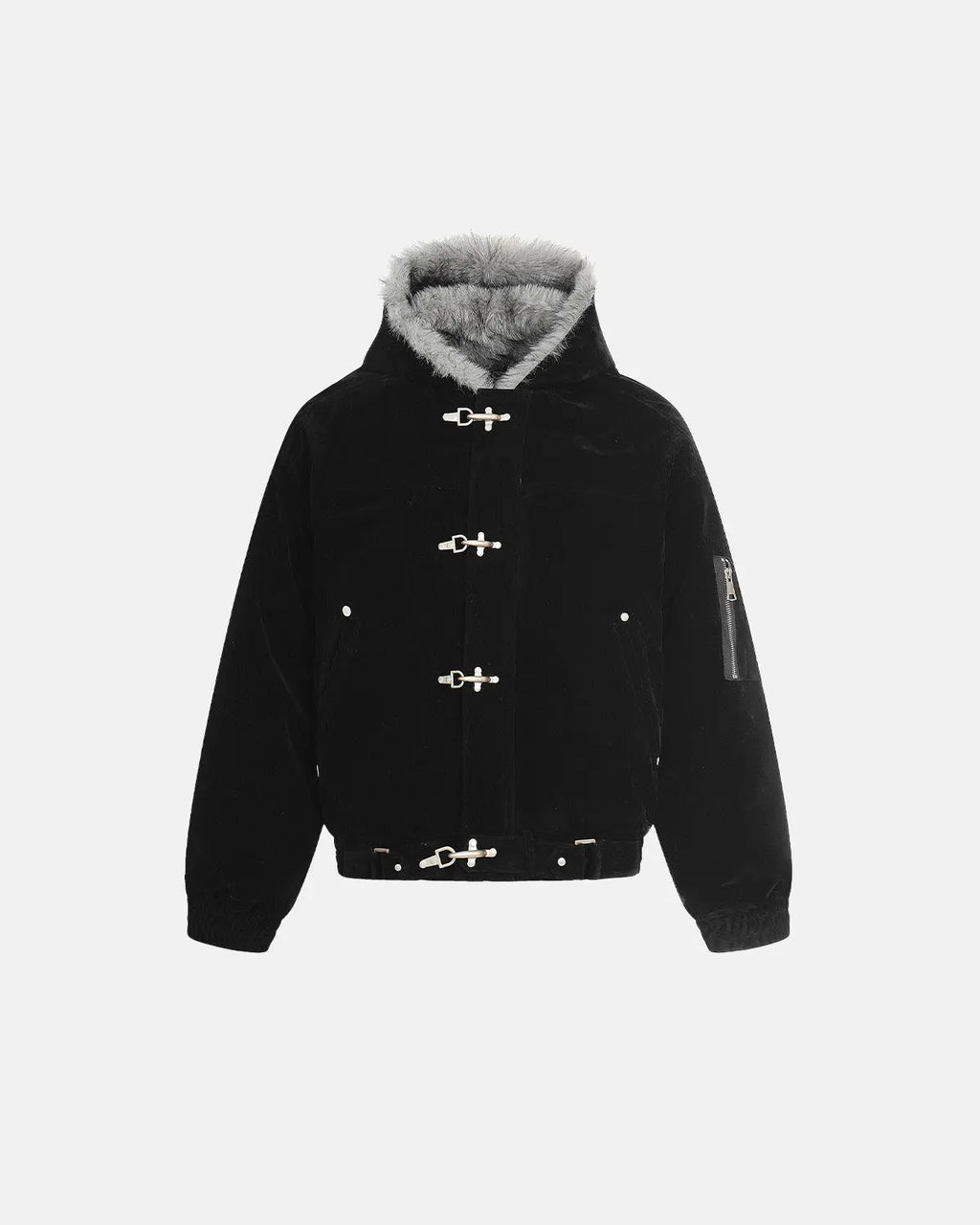 Inflation Streetwear faux fur lined clasp bomber jacket, stylish black bomber with plush fur lining and front clasp closure.