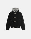 Inflation Streetwear faux fur lined clasp bomber jacket, stylish black bomber with plush fur lining and front clasp closure.