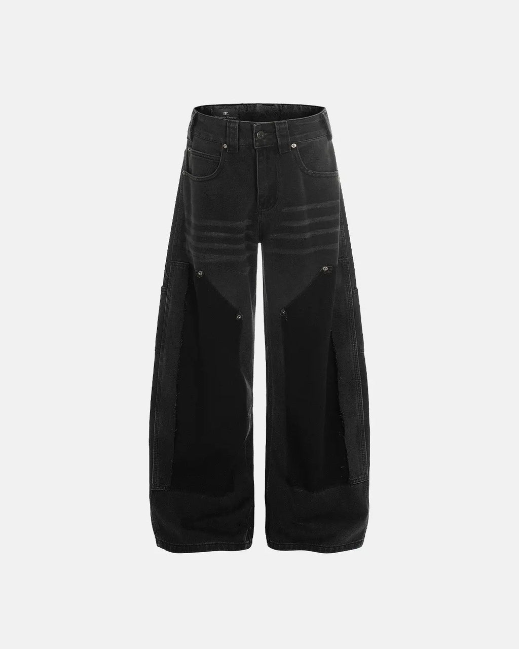 Black patchwork barrel jeans from Inflation Streetwear featuring a relaxed fit and unique patchwork design.
