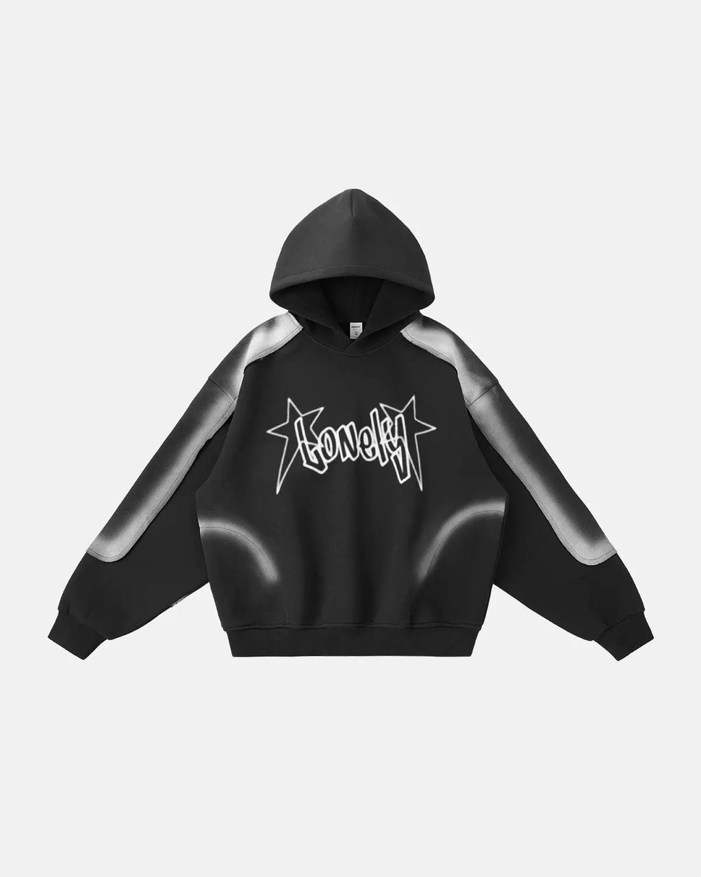 Flation streetwear hoodie with hand-painted stitching details, featuring a casual, artistic design on the front and hoodie pocket.
