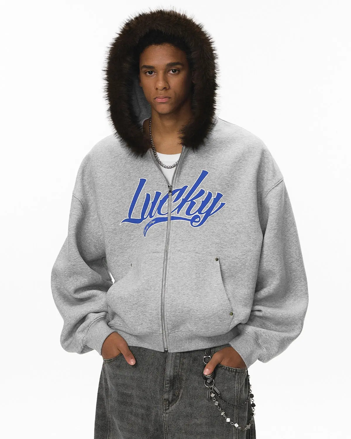 Inflation streetwear faux fur collar zip-up hoodie jacket with a cozy fur-lined hood and casual fit, ideal for stylish everyday wear.