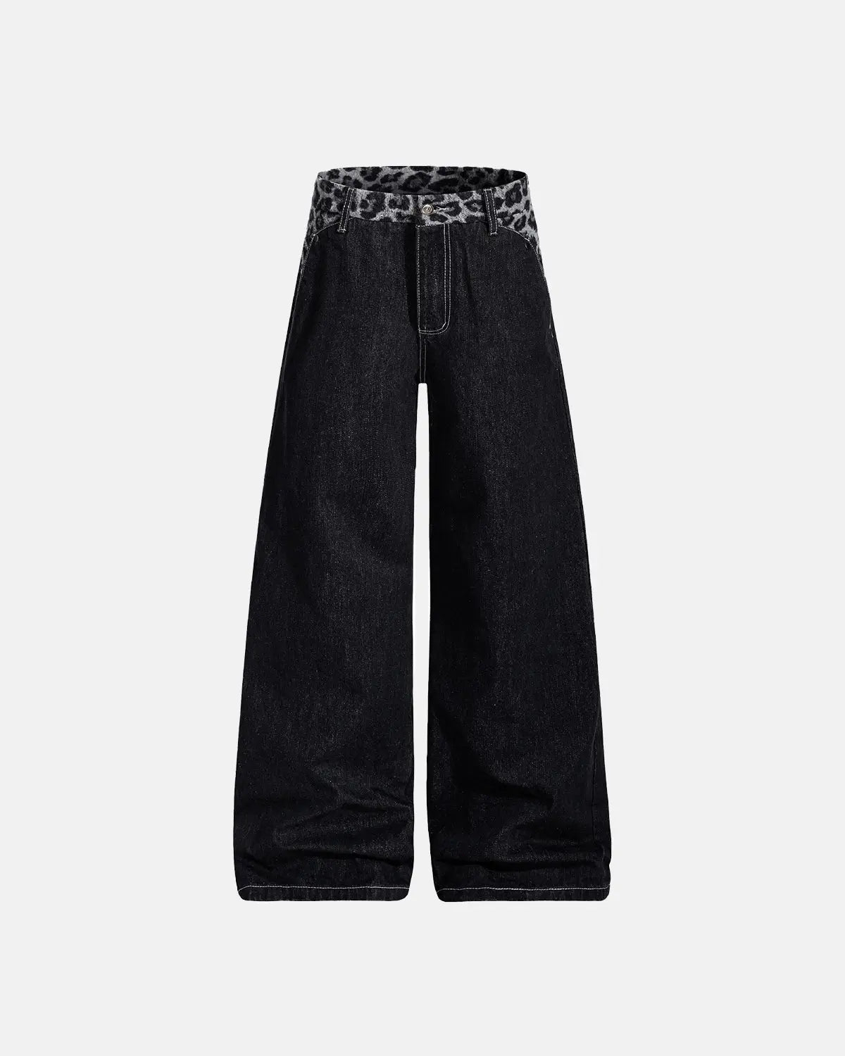 Leopard patchwork raw straight-leg jeans by INFLATION with distressed details and unique streetwear style.