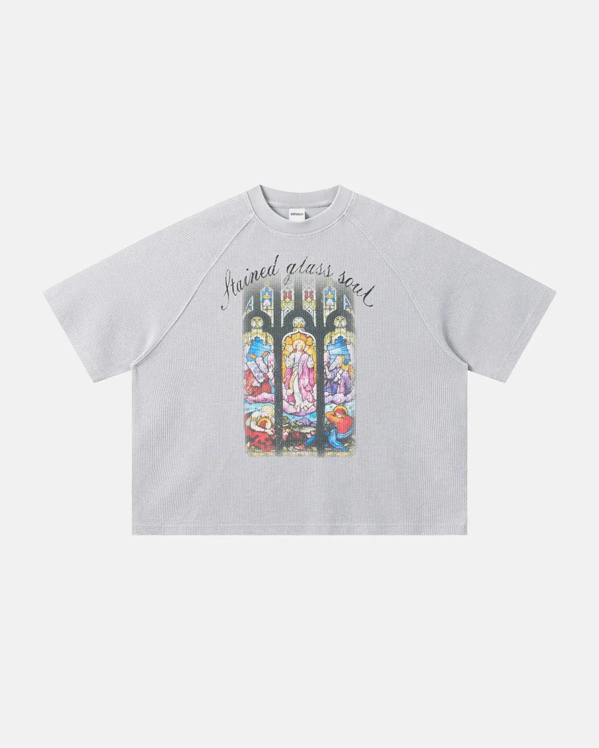 Inflation Streetwear washed graphic boxy waffle T-shirt, casual fit, featuring bold graphic design on soft cotton fabric.