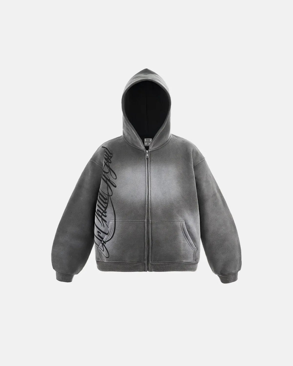 Acid wash zip-up hoodie by Flation Streetwear, featuring a casual fit with front zipper and distressed denim-inspired fabric.