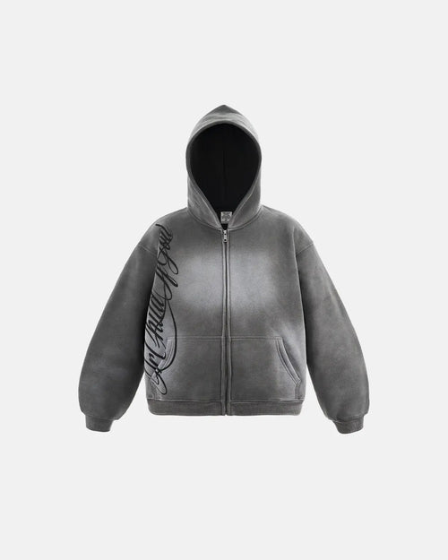 Acid wash zip-up hoodie by Flation Streetwear, featuring a casual fit with front zipper and distressed denim-inspired fabric.
