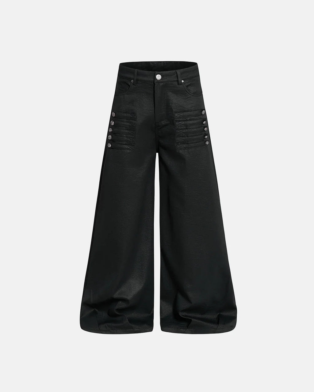 Black graphic wide leg pants by INFLATION, stylish streetwear with bold design, featuring a relaxed fit and wide leg silhouette.