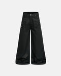 Black graphic wide leg pants by INFLATION, stylish streetwear with bold design, featuring a relaxed fit and wide leg silhouette.