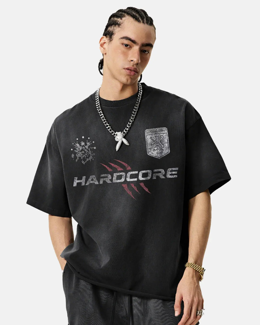 Distressed washed graphic T-shirt by INFLATION featuring a worn look and bold graphic design, casual streetwear style.