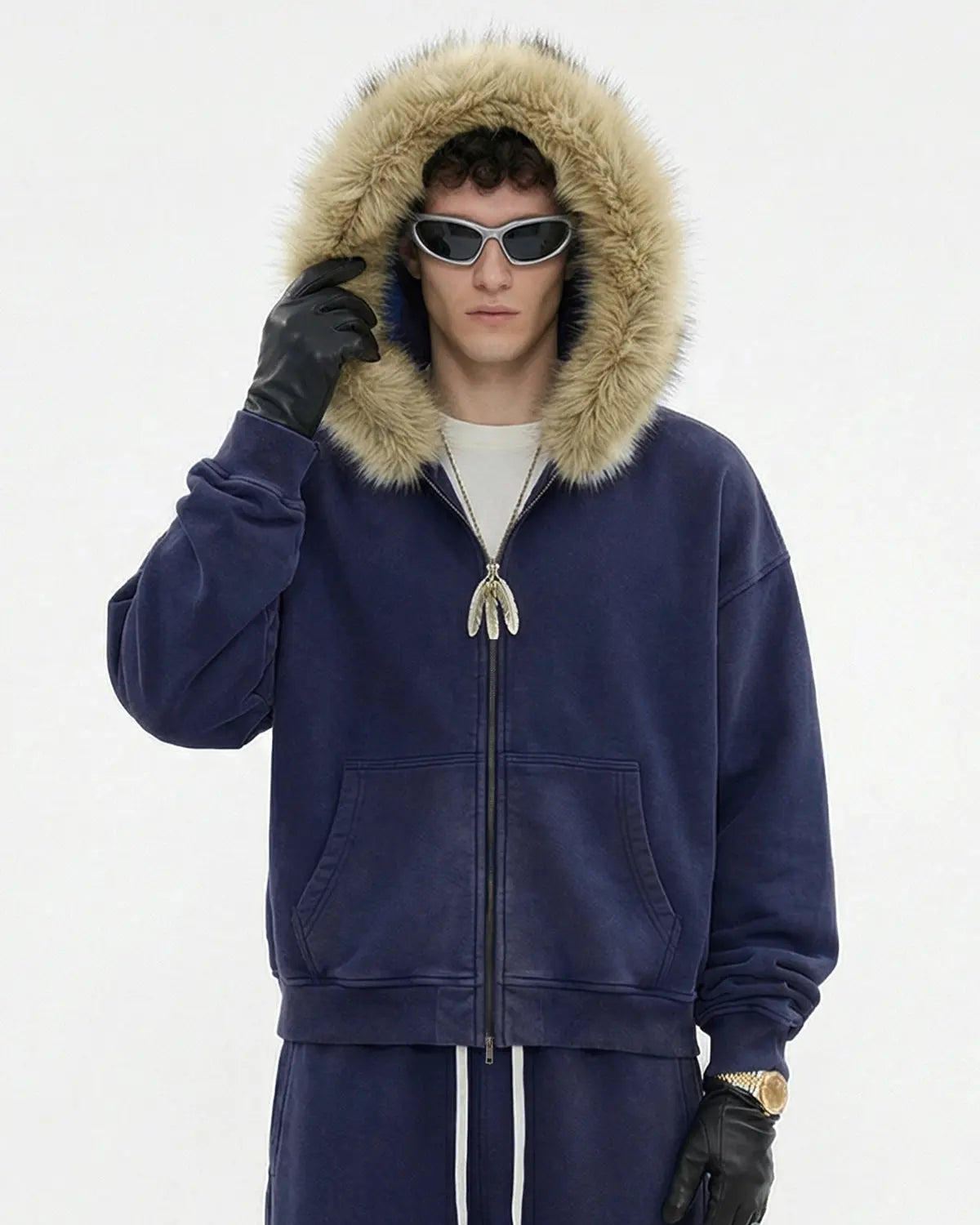 Inflation Streetwear faux fur collar distressed zip-up hoodie featuring a plush fur collar and casual distressed design.