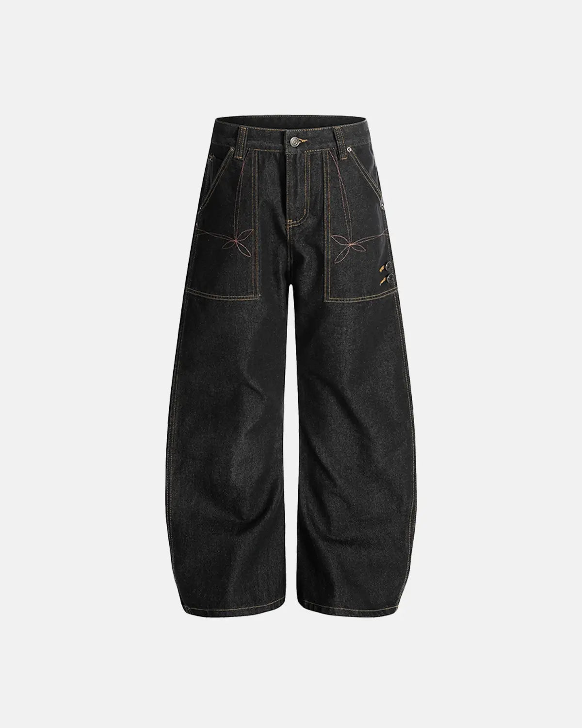 Raw embroidery Baggy Jeans by INFLATION featuring distressed denim and relaxed fit, streetwear style with embroidered details.