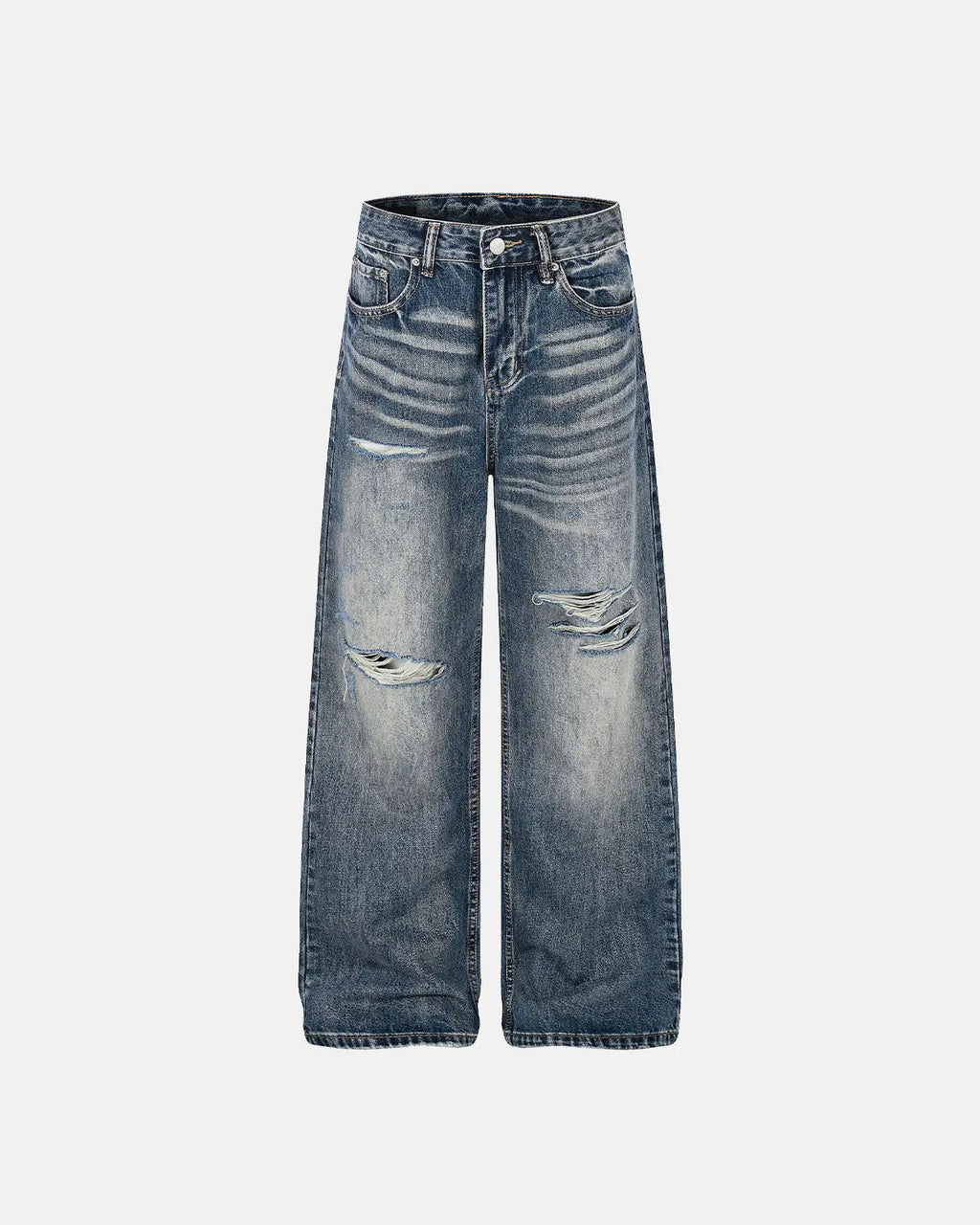 Distressed Baggy Jeans from Whisker Wash by INFLATION Streetwear, showcasing relaxed fit with ripped details and casual style.