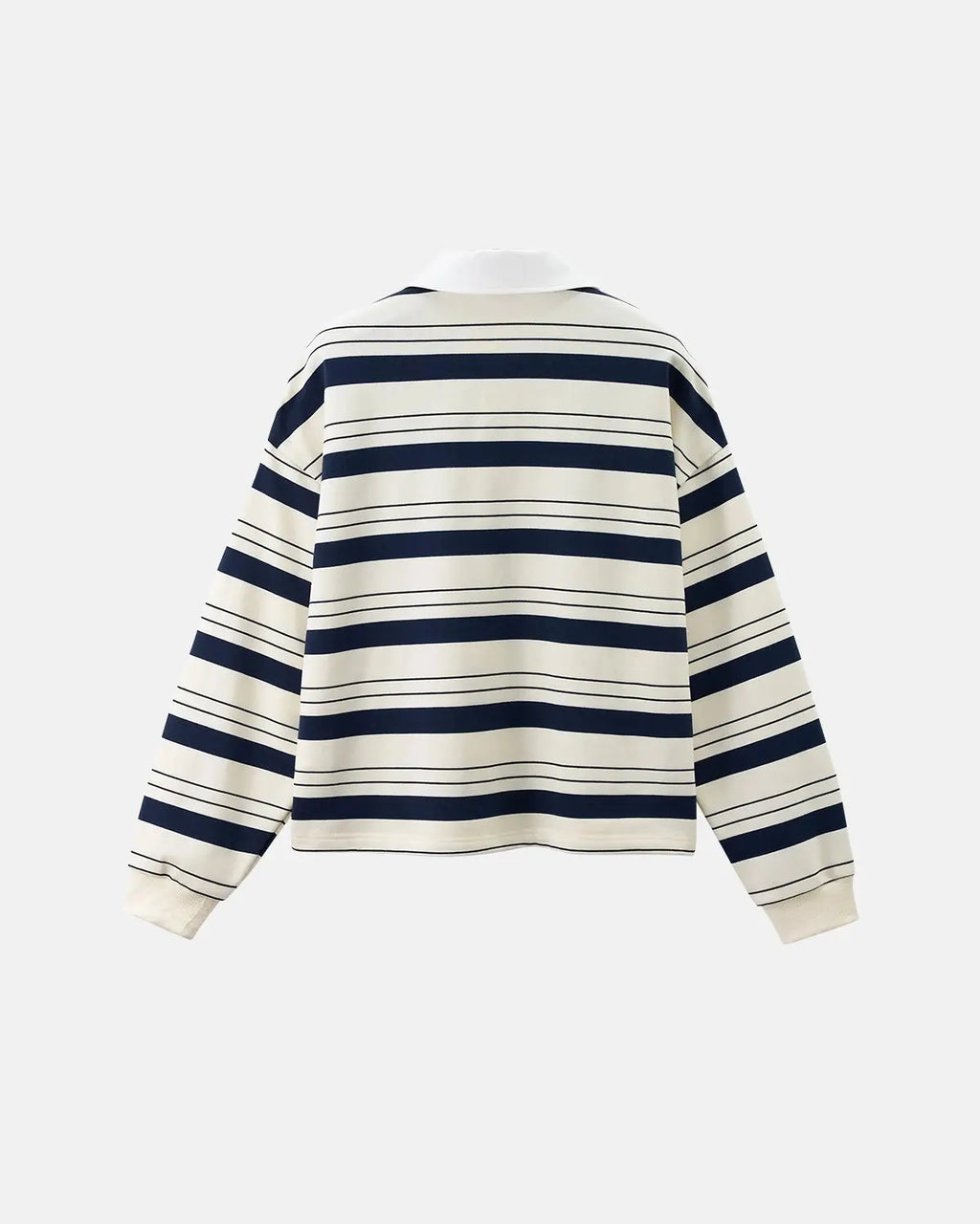 Striped rugby polo shirt by Flation Streetwear featuring blue and white stripes, classic collar, and short sleeves.