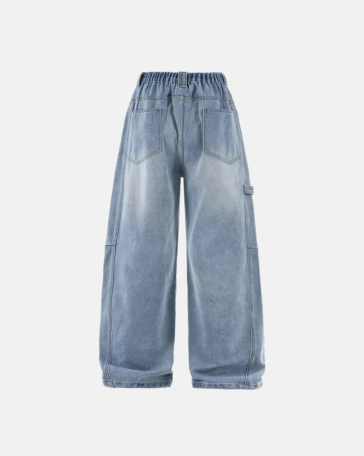 Distressed baggy cargo jeans by Flation featuring ripped details, loose fit, and multiple cargo pockets for a streetwear-inspired look.