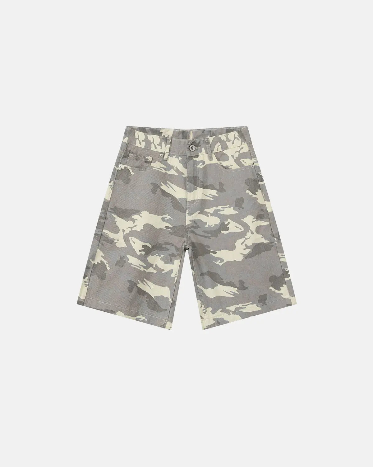 Washed knee-length denim jorts by INFLATION, casual streetwear pants with a relaxed fit and frayed hem, perfect for summer style.