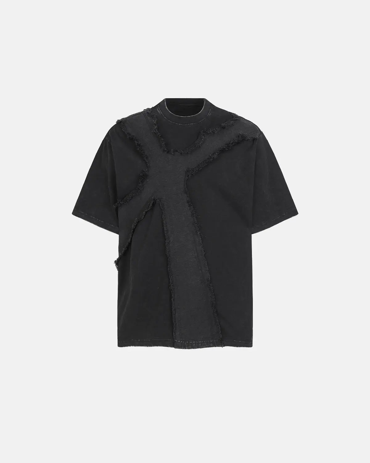 Deconstructed Cross Washed T-Shirt by INFLATION, stylish streetwear with a unique distressed design and casual fit.
