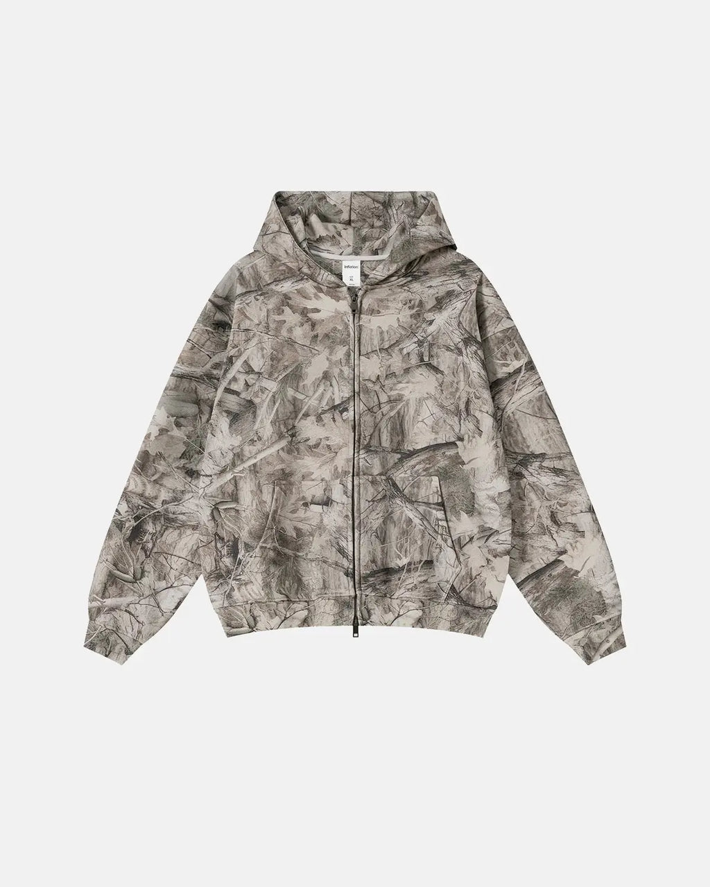 Inflation Streetwear Realtree camo zip-up hoodie with front pockets and drawstring hood, showcasing a camouflage pattern and casual style.