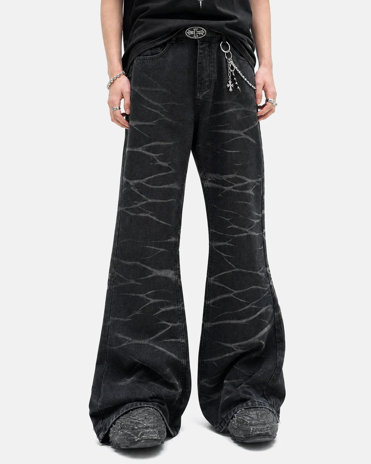 Black Whisker Wash Bootcut Jeans by INFLATION Streetwear, showcasing classic denim with whisker fade detailing and a bootcut fit.