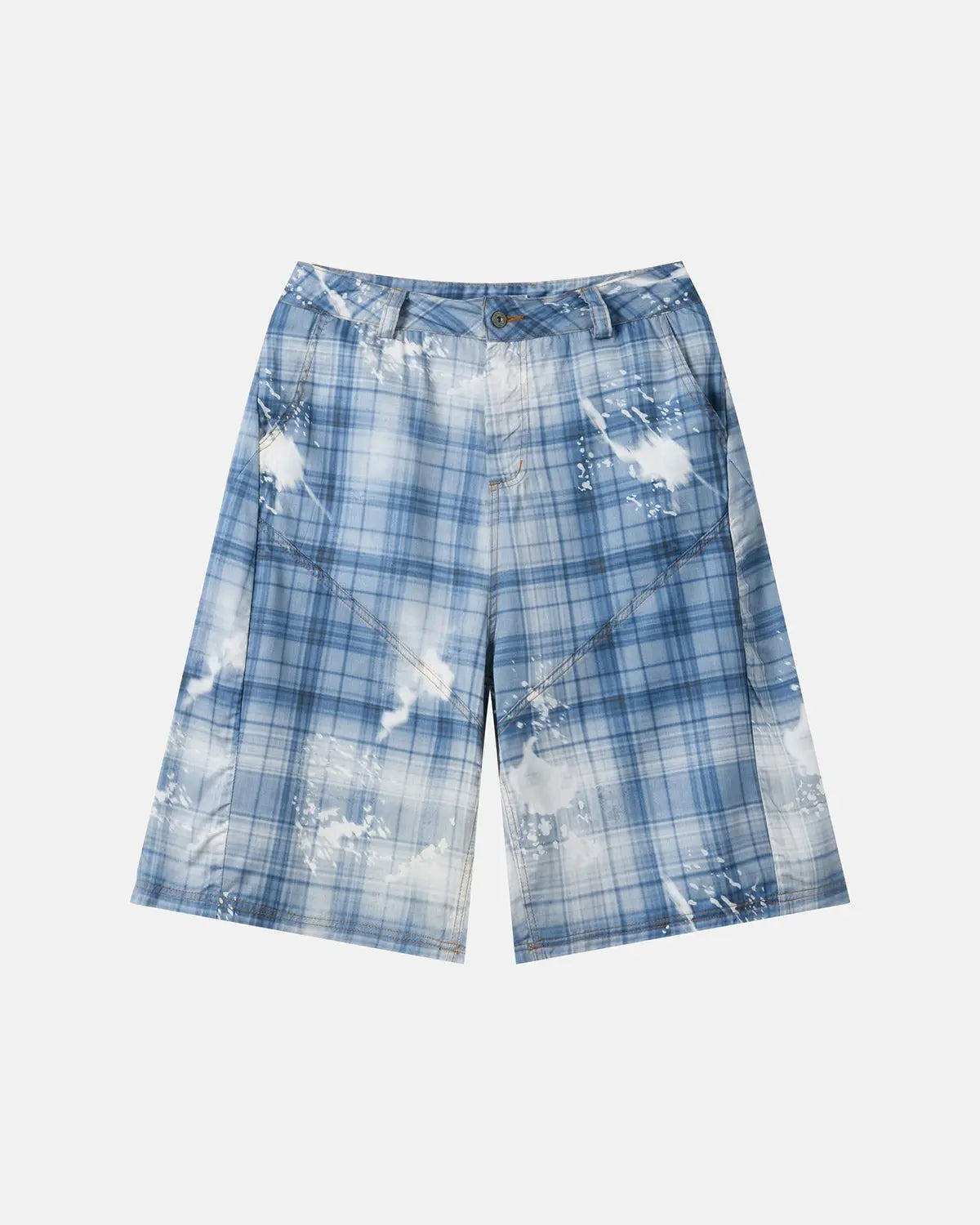 Inflation Streetwear Tencel washed plaid print longline shorts, stylish pants with a relaxed fit and plaid pattern.