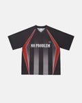 Color block letter graphic jersey tee by Flation featuring bold color blocks and streetwear-inspired design.