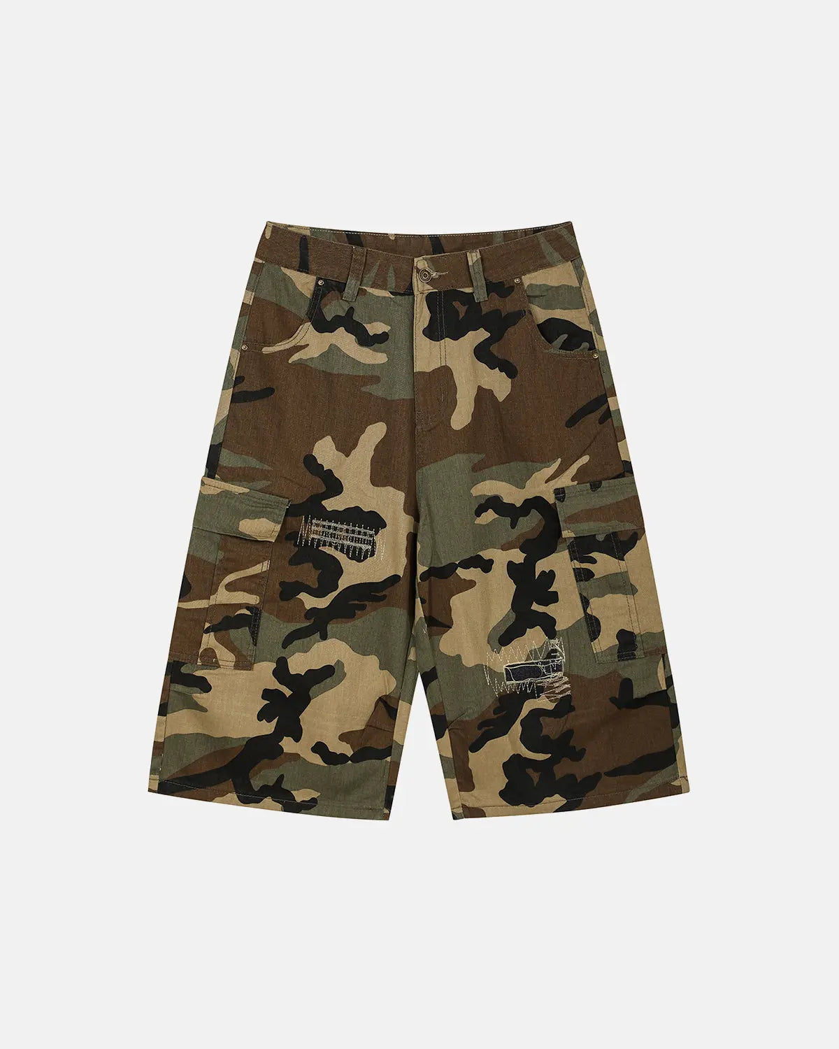 Inflation Streetwear camo cargo longline shorts with multiple pockets and a relaxed fit, styled for casual streetwear looks.