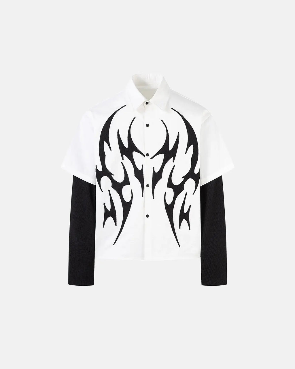 Inflation Streetwear layered tribal graphic T-shirt with bold tribal patterns on a casual shirt.