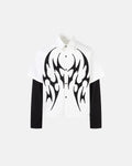 Inflation Streetwear layered tribal graphic T-shirt with bold tribal patterns on a casual shirt.