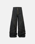 Flation Stitching Button Up Baggy Jeans with prominent stitching and relaxed fit, casual streetwear design, front view.