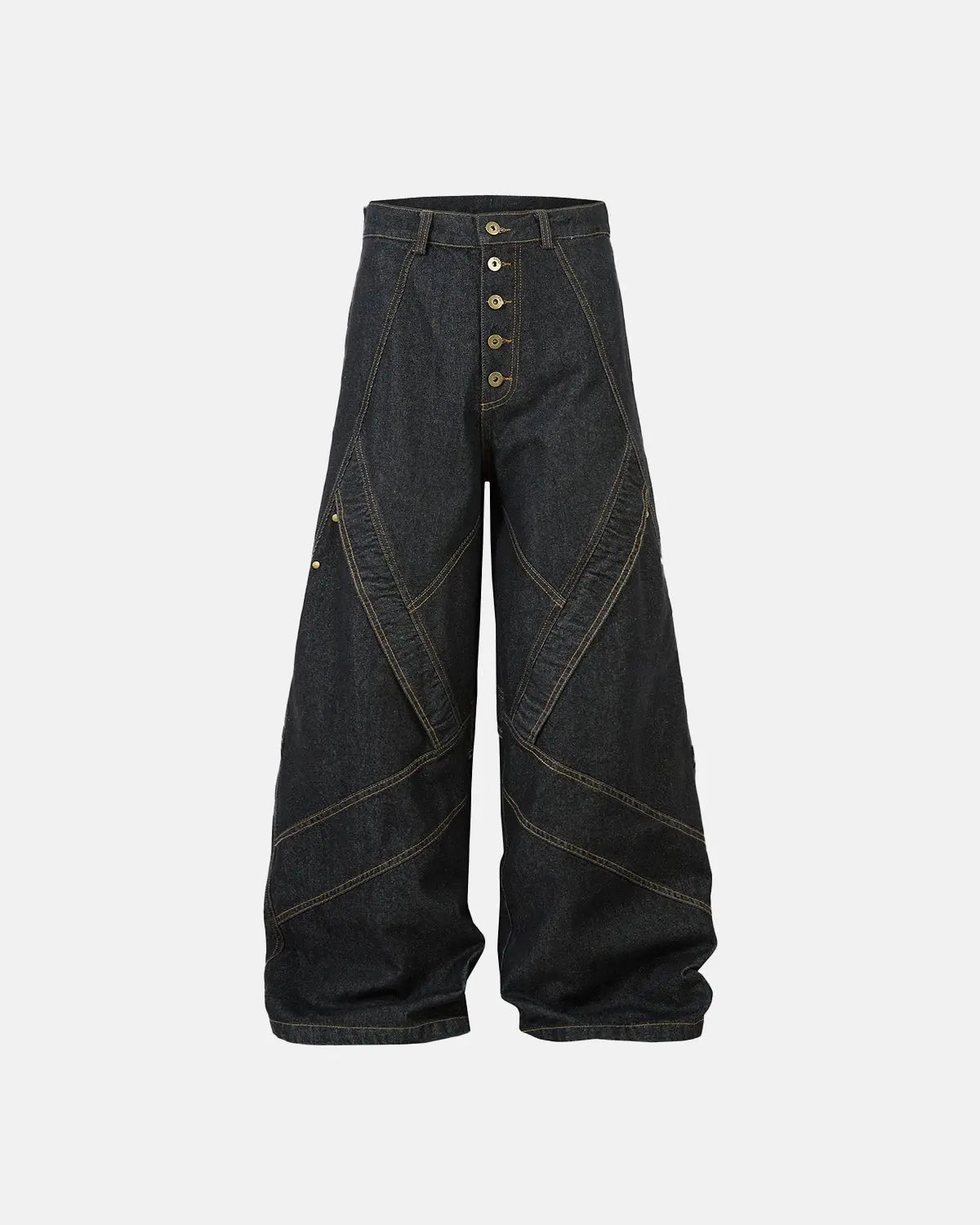 Flation Stitching Button Up Baggy Jeans with prominent stitching and relaxed fit, casual streetwear design, front view.