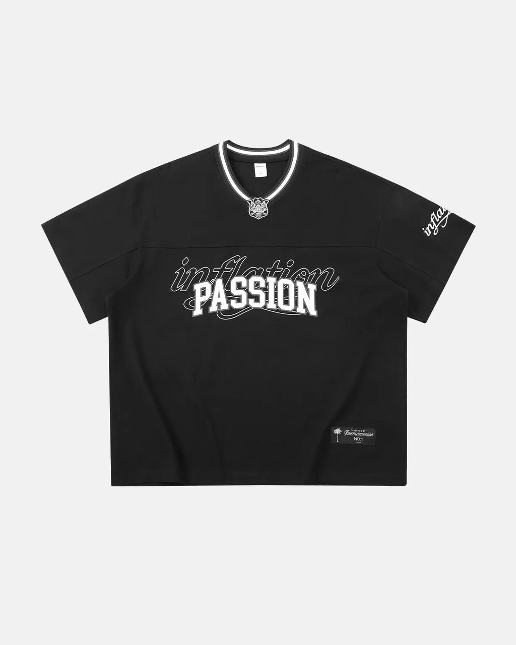 Retro V-Neck Jersey from Inflation Streetwear featuring bold colors and vintage-inspired design, displayed on a mannequin.