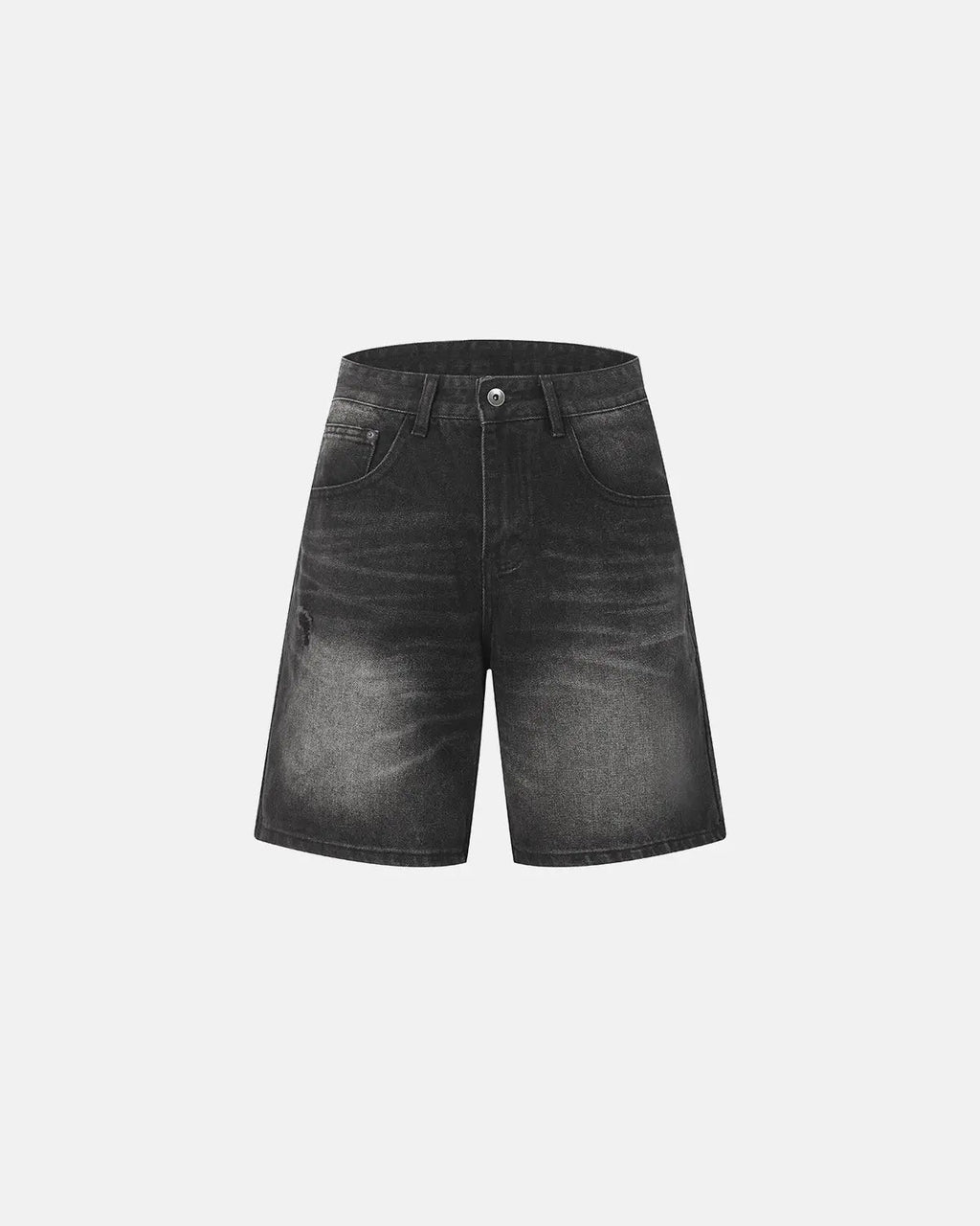Ripped mid-length washed denim shorts by INFLATION, featuring distressed details and casual fit, displayed on a hanger.