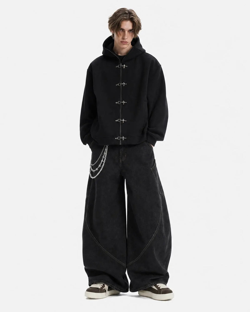 Metal clasp boxy zip-up hoodie by Inflation Streetwear, featuring a front zipper and metallic clasp details in a modern streetwear style.