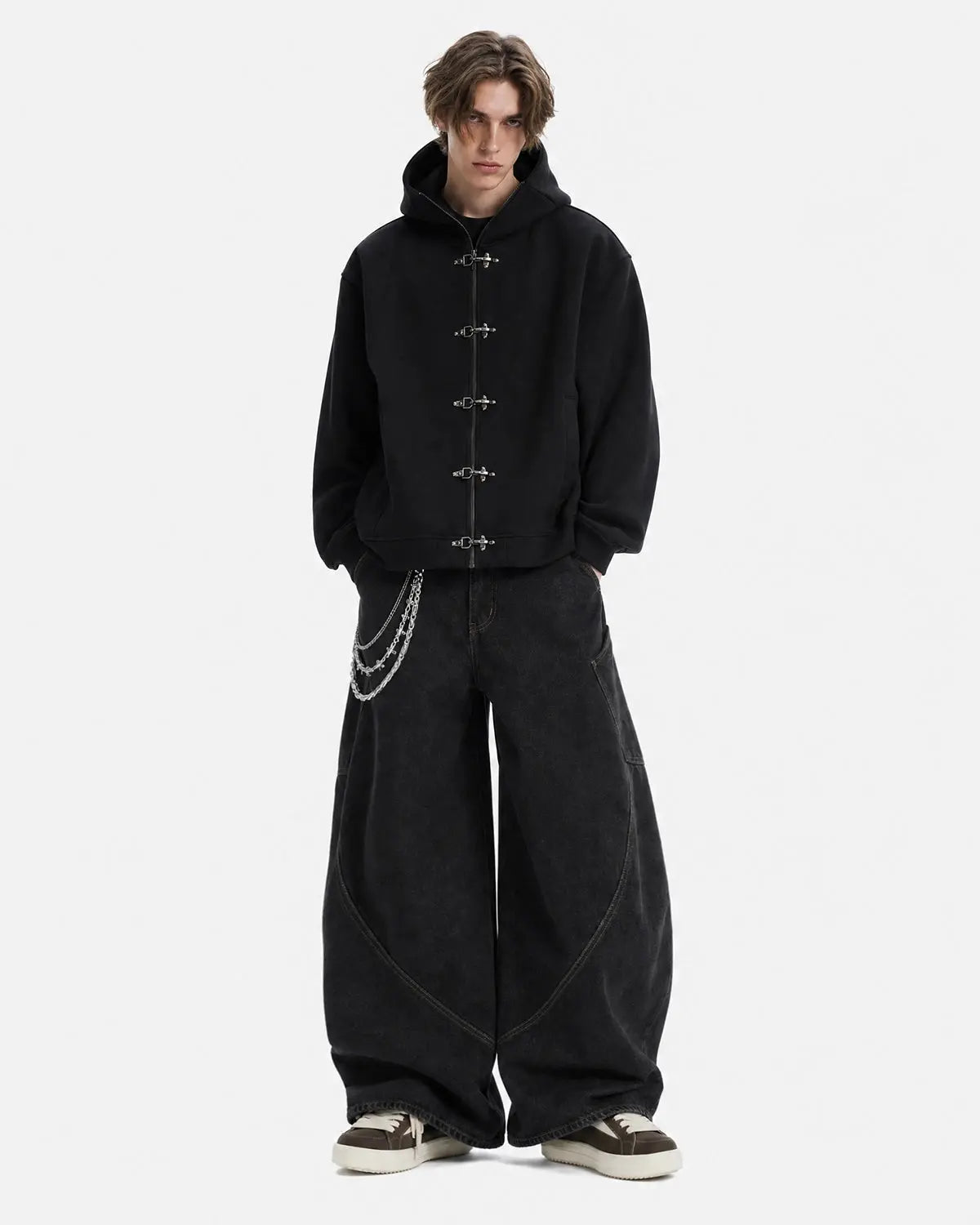 Metal clasp boxy zip-up hoodie by Inflation Streetwear, featuring a front zipper and metallic clasp details in a modern streetwear style.