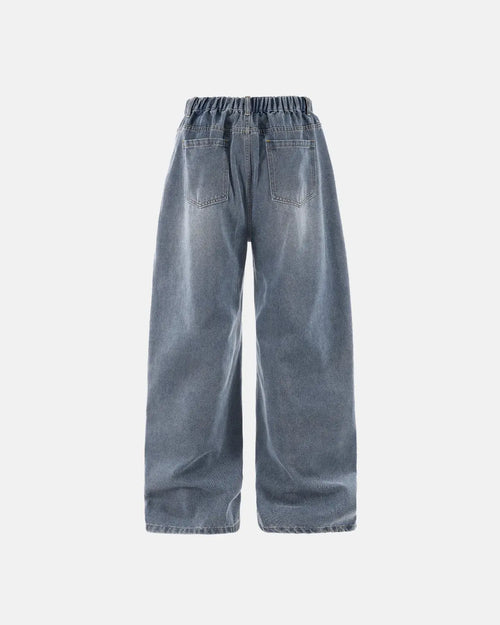 Acid wash Flation Streetwear baggy jeans with detachable bandana detail, relaxed fit and distressed style.
