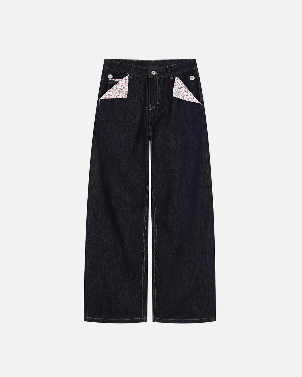 Inflation Streetwear selvedge buckle baggy jeans with distressed details, relaxed fit, and stylish buckle accents.