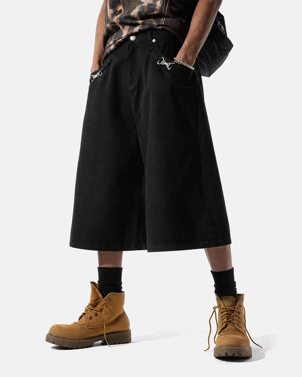 Inflation Back Buckle Longline Casual Shorts, stylish pants with back buckle detail, perfect for streetwear and casual wear.
