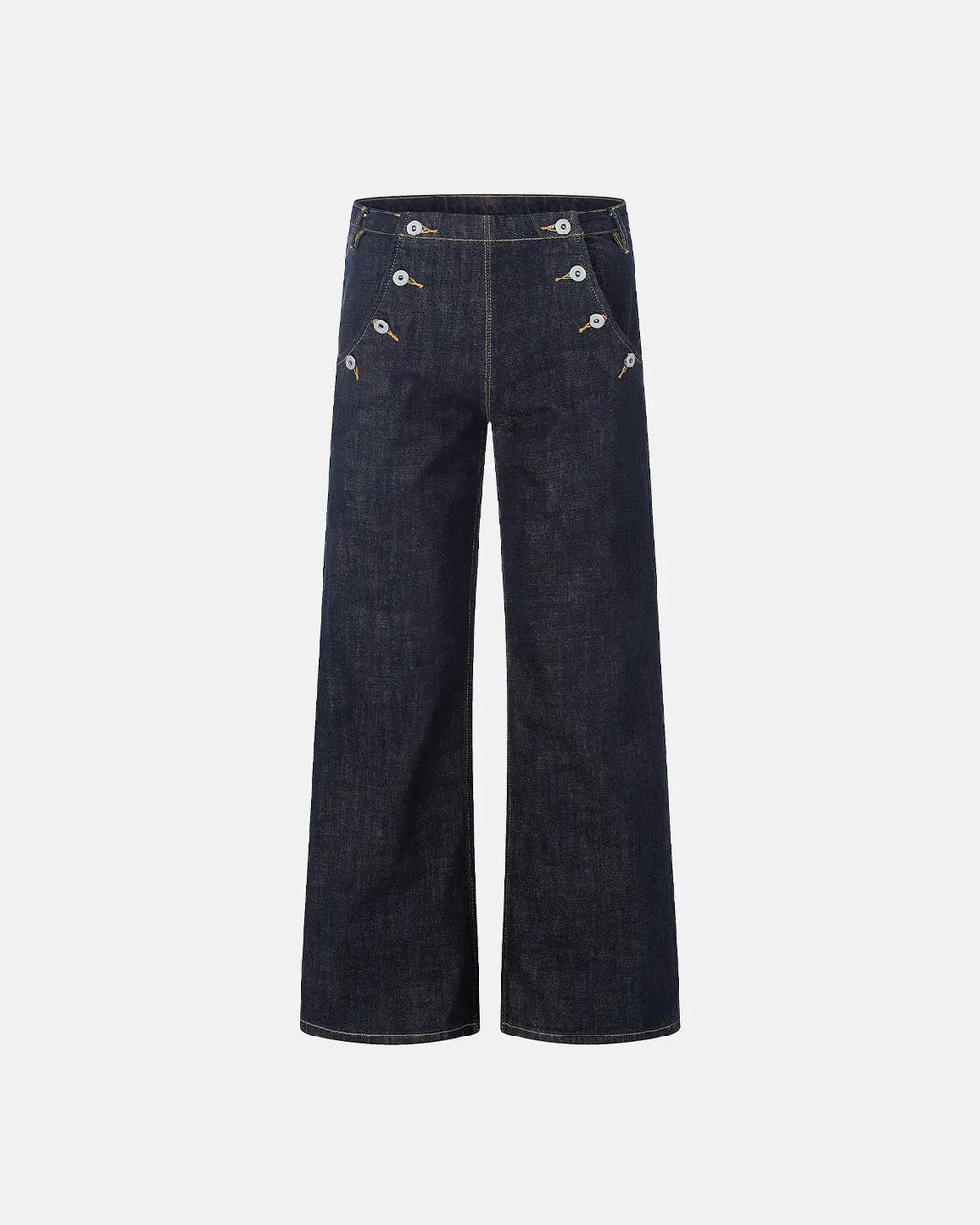 Inflation Streetwear raw wide-leg jeans with button details, showcasing a relaxed fit and denim fabric.