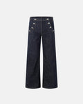 Inflation Streetwear raw wide-leg jeans with button details, showcasing a relaxed fit and denim fabric.