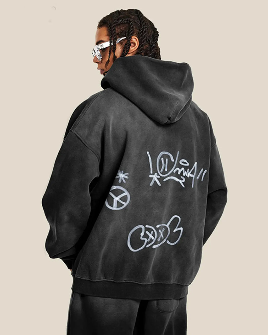 Flation Graffiti Washed Zip Up Hoodie featuring colorful graffiti design on soft washed fabric, front zipper, and hood.