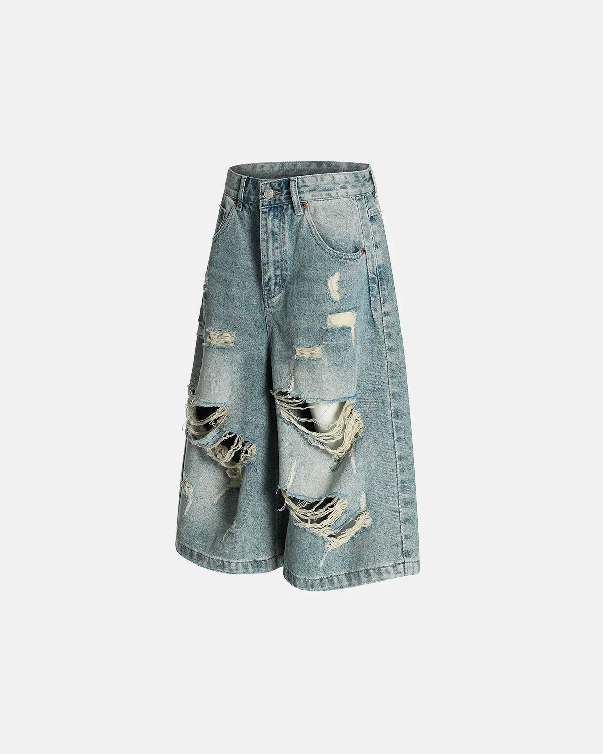 Distressed longline jorts by Inflation Streetwear, casual denim pants with frayed edges and a relaxed fit.