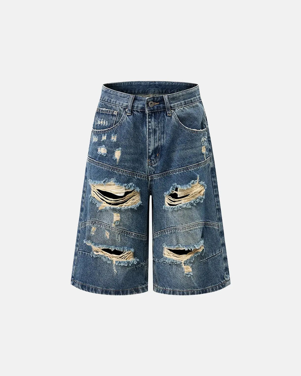 Heavy washed distressed baggy jorts pants by INFLATION with a relaxed fit and ripped details, shown on a model.