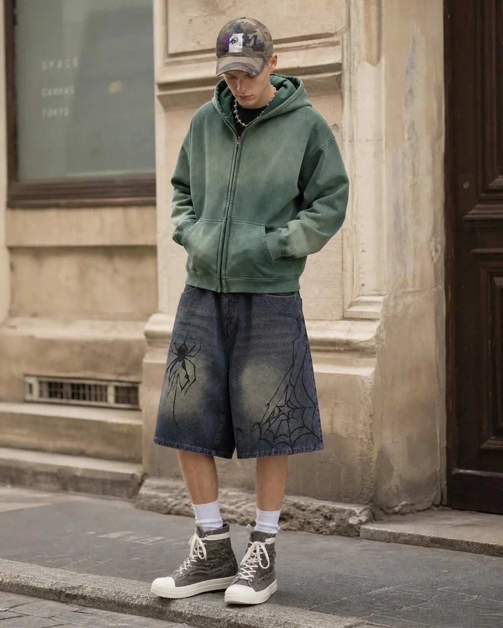 Flation Spider Straight Leg Jorts, denim pants with distressed details, casual streetwear style, front and back views.