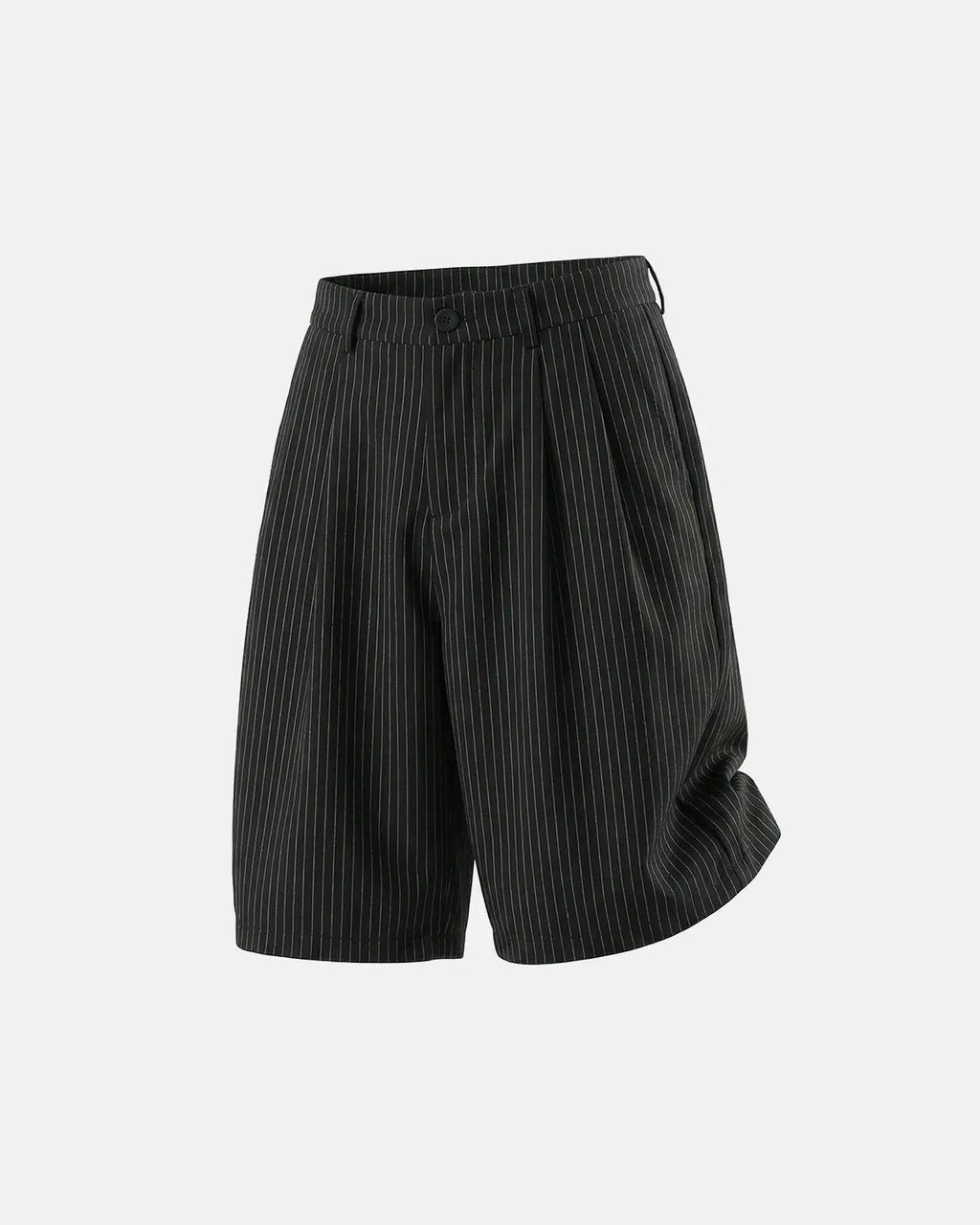 Inflation Streetwear pinstripe pleated tailored shorts, stylish pants with a high waist and fitted design, displayed on a hanger.